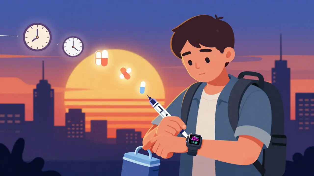 Traveler adjusting watch and managing insulin during time change