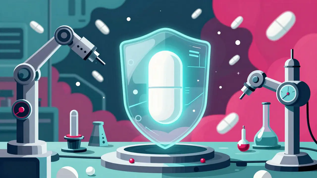A single tested pill protected by a hologram amidst chaotic untested pills.