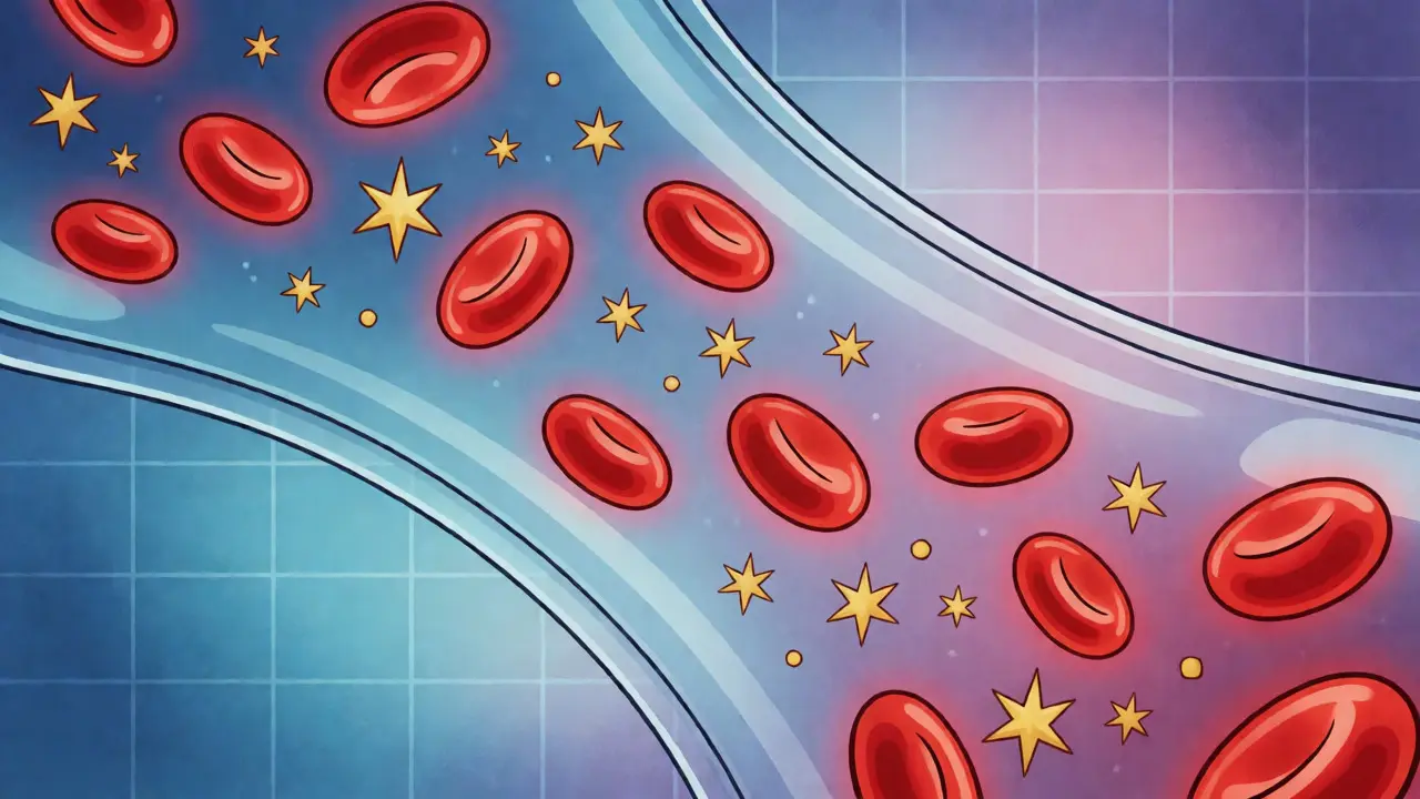 Abstract view of blood cells and vitamin particles flowing steadily in a vessel