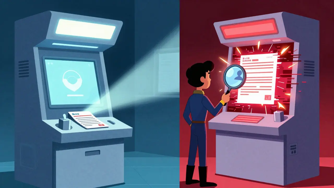 Character comparing safe and risky futuristic pharmacy kiosks with a magnifying glass