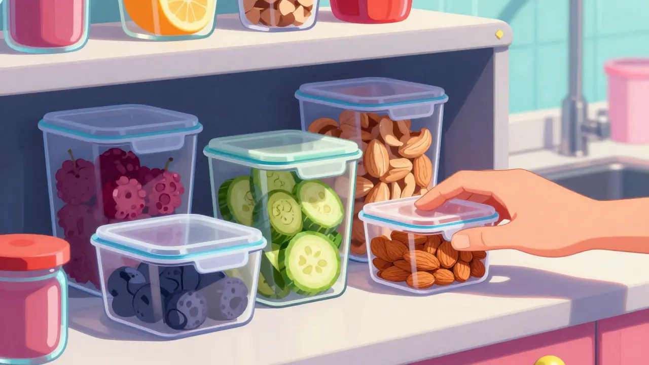 Close-up of a snack station with clear containers of healthy foods in a retro-futuristic style