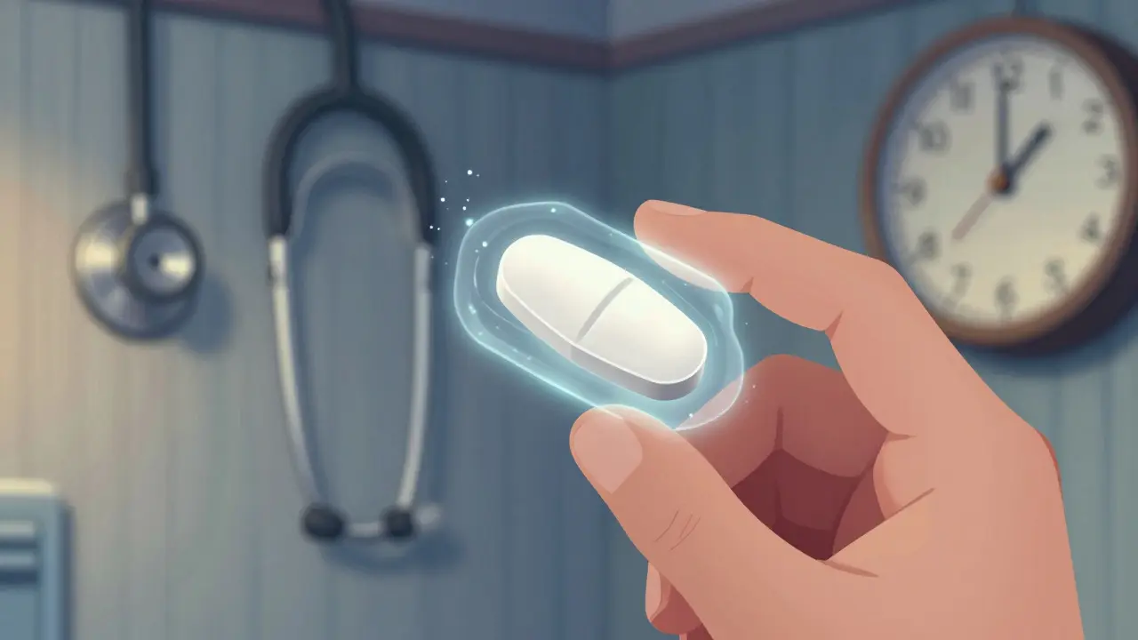 Close-up of an extended-release tablet with a glowing visualization of its slow-release effect