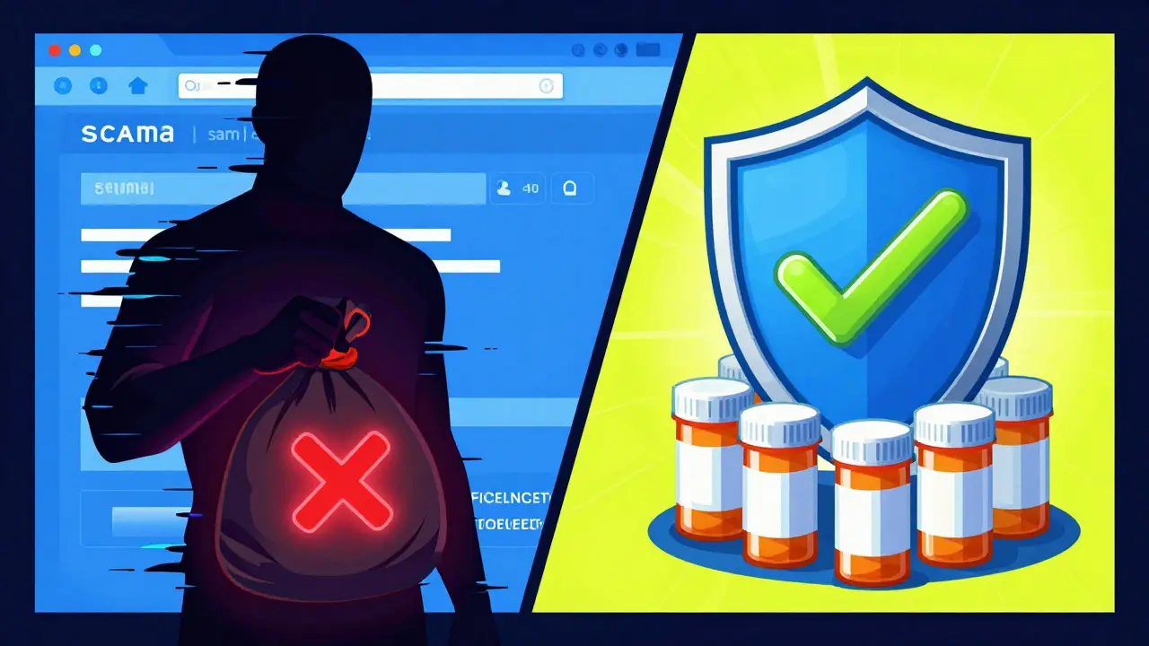 Comic style comparison of safe vs unsafe online pharmacy options
