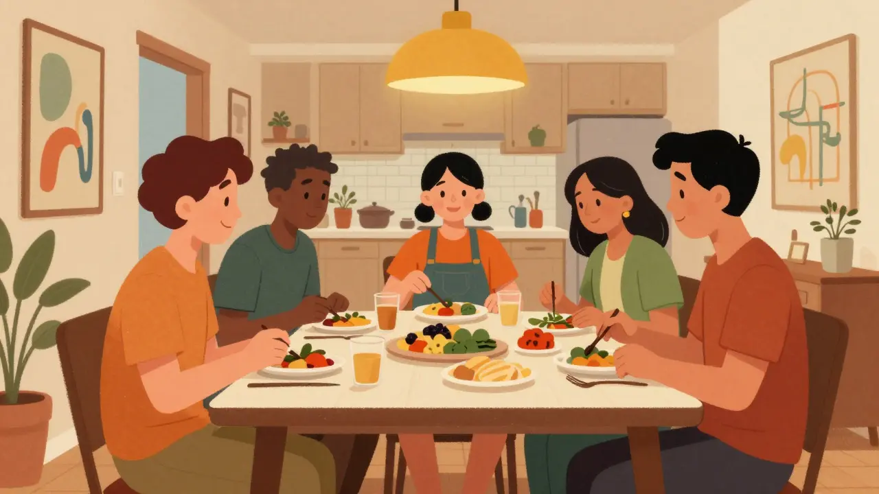 Family eating together at a screen-free table in a warm, retro-futuristic dining room