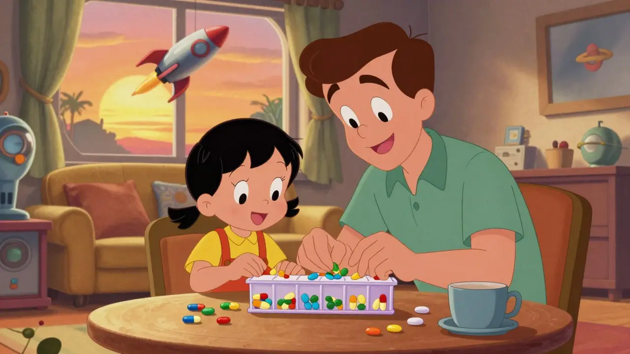 Family organizing medication together in atomic-age home setting
