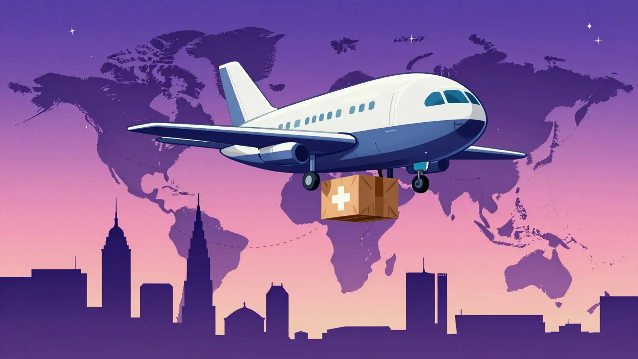 Futuristic cargo drone delivering a medicine package across a stylized global map