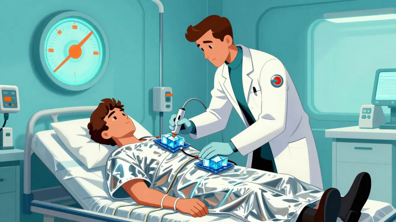 Futuristic doctor applying cooling measures to a patient in a hospital