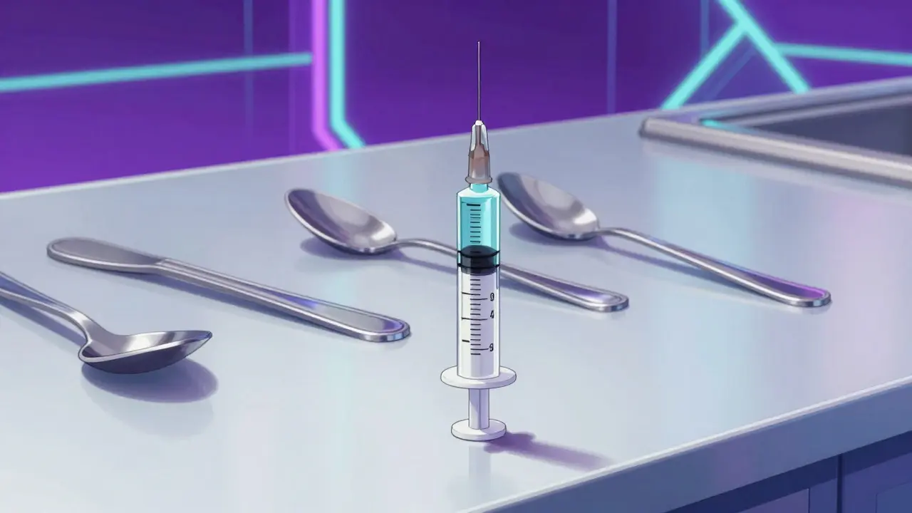 Illustration contrasting a precise oral syringe with scattered household spoons on a futuristic counter