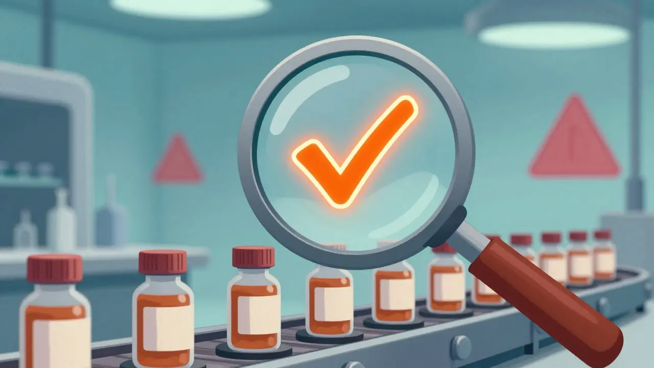 Magnifying glass inspecting medicine bottles on a conveyor belt with a glowing checkmark in retro-futuristic art.