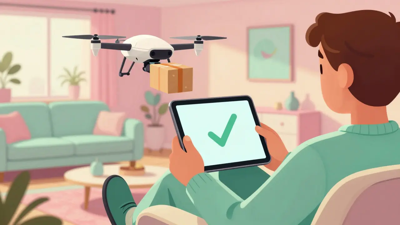 Person receiving medication via drone in retro-futuristic home