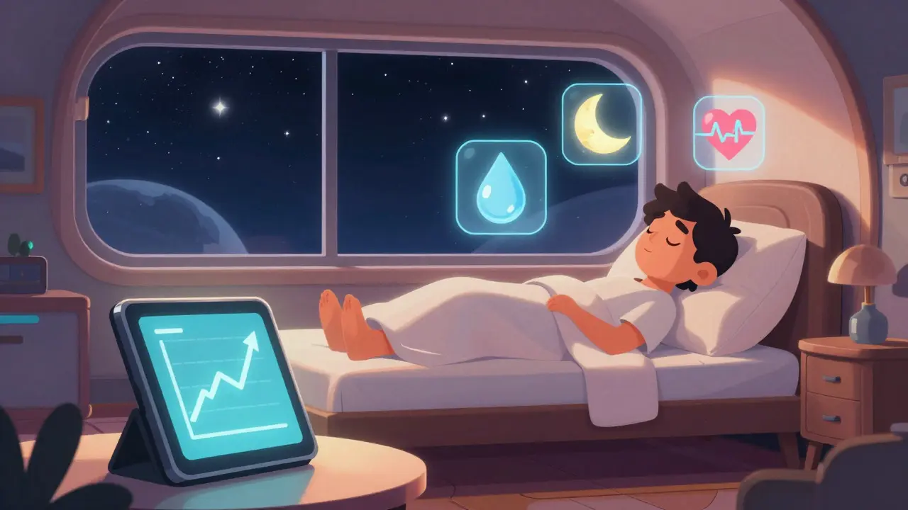 Person resting in futuristic room with health tracking icons
