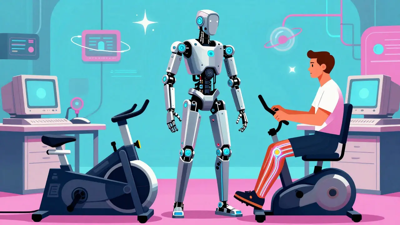 Person using robotic exoskeleton and FES cycling device