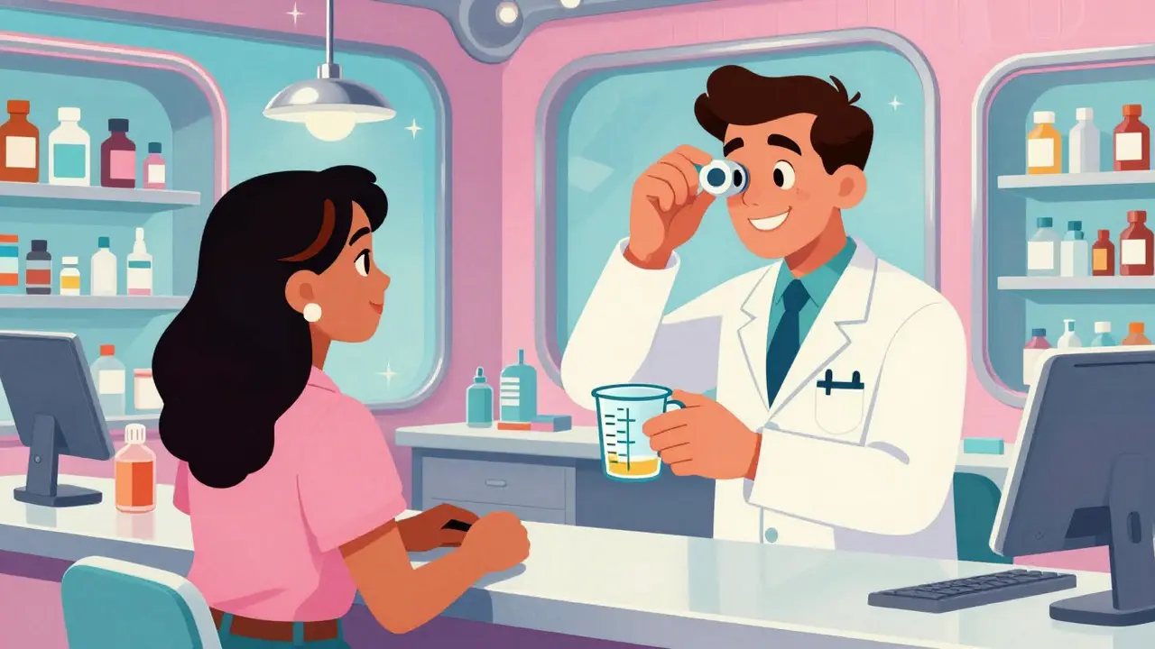 Retro-style drawing of a pharmacist teaching a patient how to use a medicine measuring cup