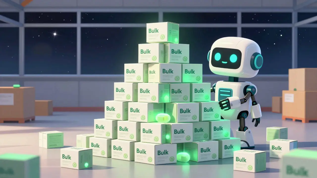 Robot stacking glowing medication boxes in a pyramid to show bulk savings