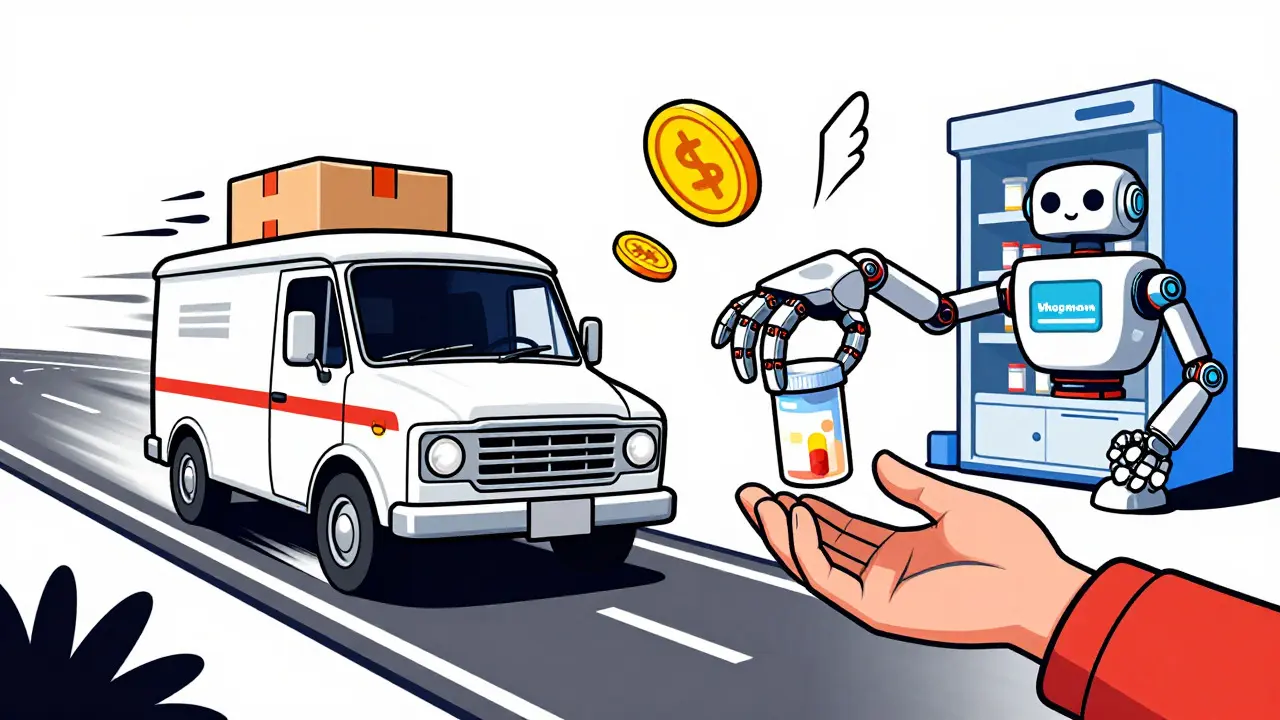 Split scene showing a vintage mail truck and a robotic pharmacy arm delivering medication in cartoon style.