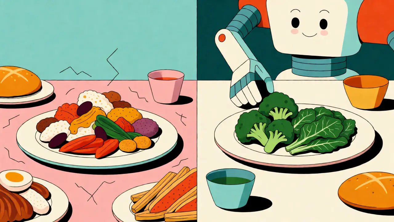 Split screen comparing chaotic eating habits with consistent, measured vegetable portions