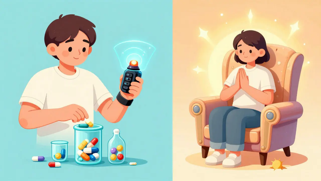 Split view of active problem-solving and calm mindfulness in retro style