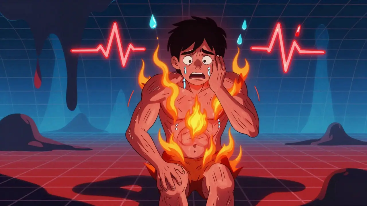 Stylized illustration of a shivering patient surrounded by heat waves