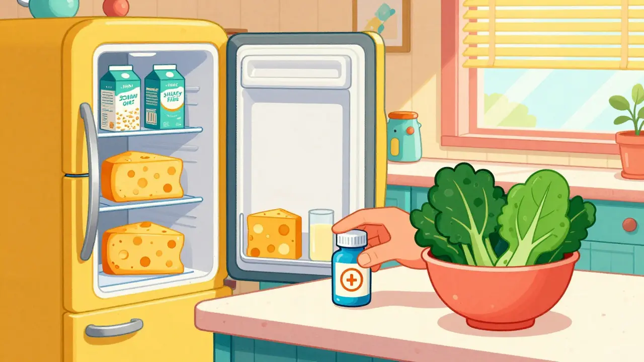 Stylized retro kitchen with plant milks, cheese, greens, and enzyme pills
