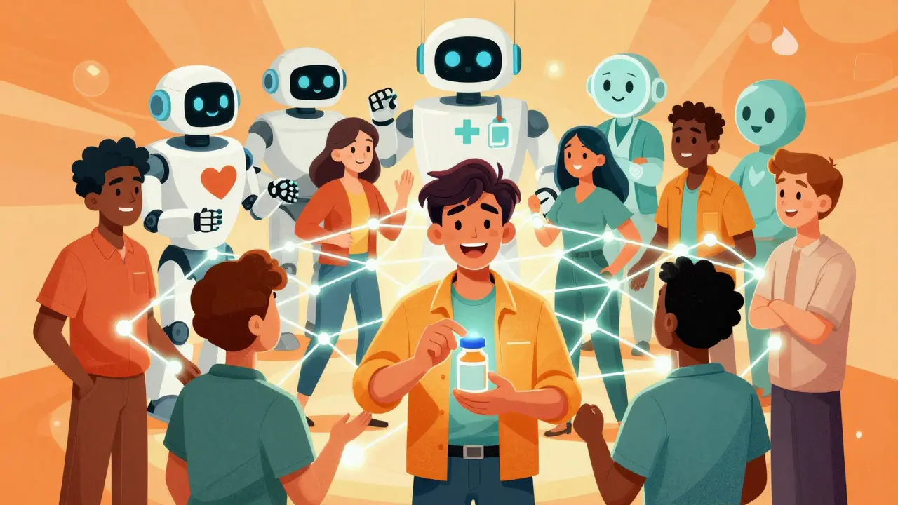 Supportive network of people and tech helpers surrounding a patient