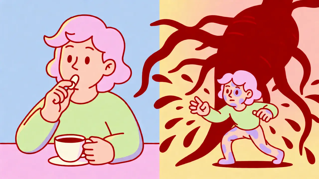 Split-scene cartoon showing safe medication vs. dangerous bleeding risks